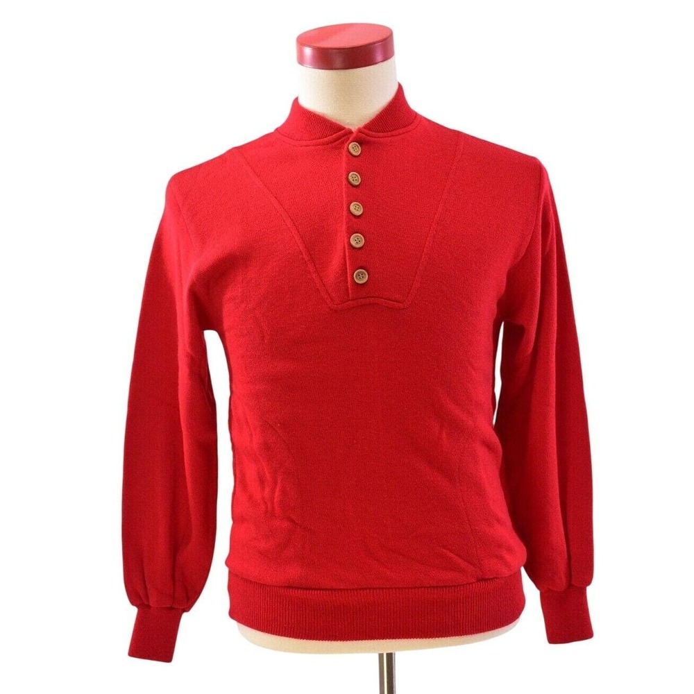80s Vintage Western Henley Sweater Mens S Red Knit Pointed Yoke Ribbed USA